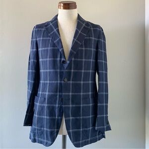 UNITED ARROWS SOVEREIGN men’s navy windowpane linen jacket, JP size 44 (US 34S)